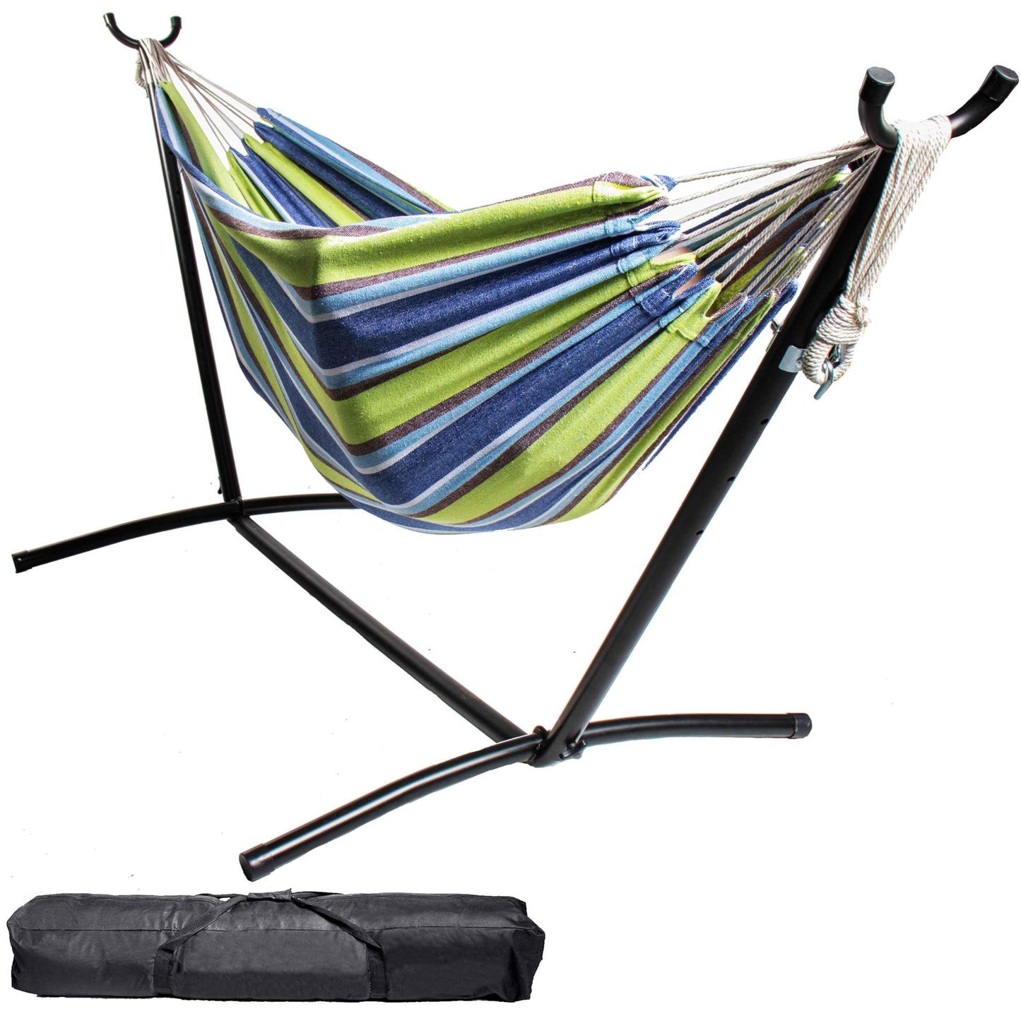 Backyard Expressions Double Camping Hammock with Steel Stand & Carrying Bag, Adjustable Height, Ultra Soft Cotton Blend, 550 lb Capacity, Indoor & Outdoor Portable Hammock