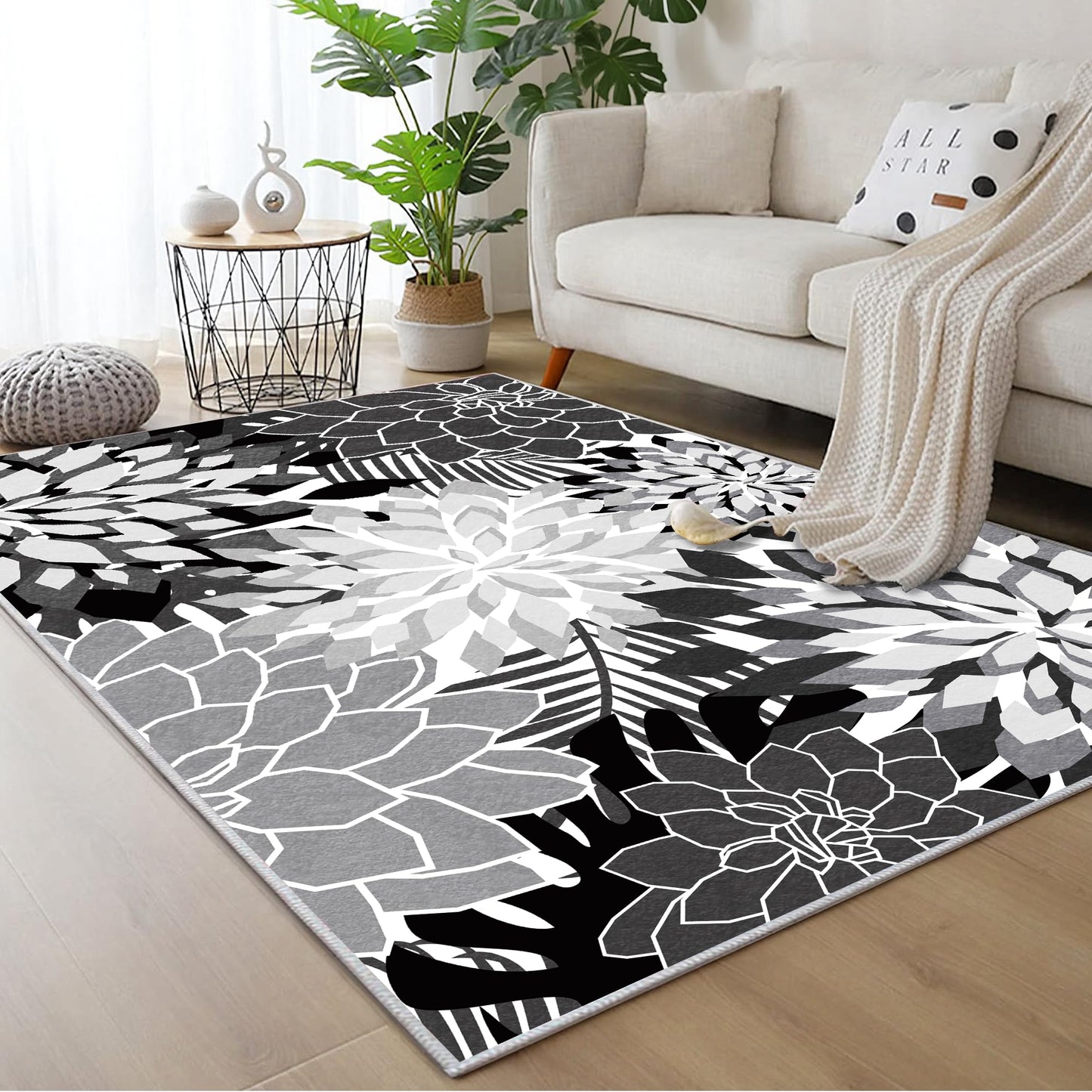 ZonLi Outdoor Rug 8x10Ft Waterproof Multicolored Black White Indoor Area Rug Washable Outdoor Patio Rugs Tropical Floral Non Slip Outdoor Carpet for Living Room, Pool,Backyard,Deck,Camping.