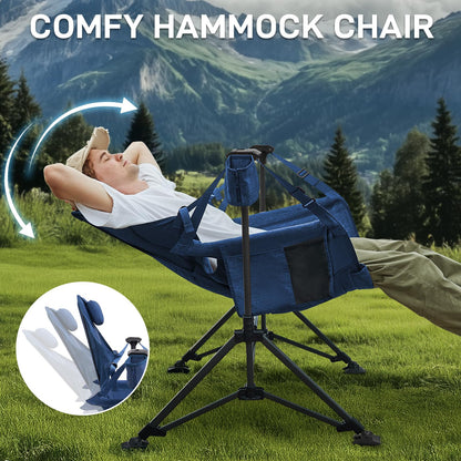 EVER ADVANCED Padded Hammock Camping Chair, Oversized Heavy Duty Swing Chair with Detachable Cup Holder, Portable Folding Rocking Camping Chair, Support Up to 400lbs, Blue