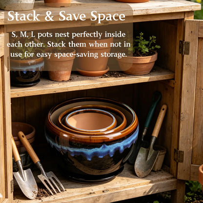 AVLA 3 Pack Ceramic Flower Pots, Gardening Drip Glazed Planter, Plant Pot with Drainage Hole and Saucer, 7/5/4 Inch Rustic Houseplant Container for Succulent Herbs Cactus Orchid, Home Indoor Outdoor