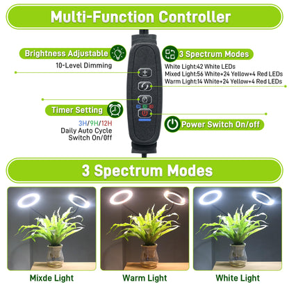 LETKEYS Grow Lights for Indoor Plants,Double Head Full Spectrum LED Plant Light with Stand,6 Dimmable Levels & 3 Lighting Modes, Auto On Off Timer 3/9/12H, 38-67 inches Adjustable Height, Black