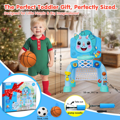 SunRiMax Toddler Basketball Hoop&Soccer Goal,Toys for 1 2 3 Year Old Boys,1+ Year Old Boy Gift 1st Birthday Chirstmas,Dinosaur Baby Sports Toy with Light Sound Music,12-18 Months Baby Activity Center