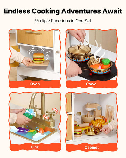 VEVOR Play Kitchen for Kids, Wooden Kids Kitchen Playset with Real Lights & Sounds, Food & Cookware Accessories, Pretend Play Toy Set, Sink, Oven, Stove, Cabinet, for Toddlers, Girls & Boys Ages 3-8