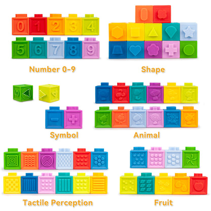 6 in1 Montessori Baby Toys 6-12 Months，Montessori Toy for Babies 6-12 Months，Incl 12pc Building Blocks &Silicone Pull String & Sensory Cube & Manhattan Ball& 2 Stacking Toys. Baby Development Toys