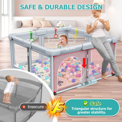 OCATO Baby Playpen with Mat: Foldable Playpen for Babies and Toddlers Play Pen Portable Playpens Fence Indoor Outdoor Kids Safety Area Play Yard with 50x50 Playpens Mat 4 Handlers 50 Balls (50" × 50")