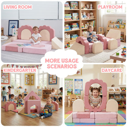 MOOZHEALTH 13 Pieces Foam Climbing Blocks for Toddlers|Floral Baby Soft Play Gym,Kids Indoor Crawing Climbers & Play Structures for Bedroom,Livingroom & Playroom,Pink & Beige