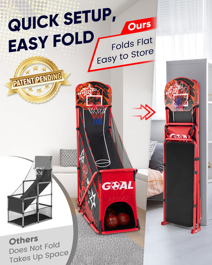 MerryMove Basketball Arcade Game for Kids: Foldable Basketball Hoop Set with Soccer Goal- Portable Indoor Outdoor Sports Play Toy- Gift for Ages 3-12 Boys Girls- Air Pump and 3 Balls Included