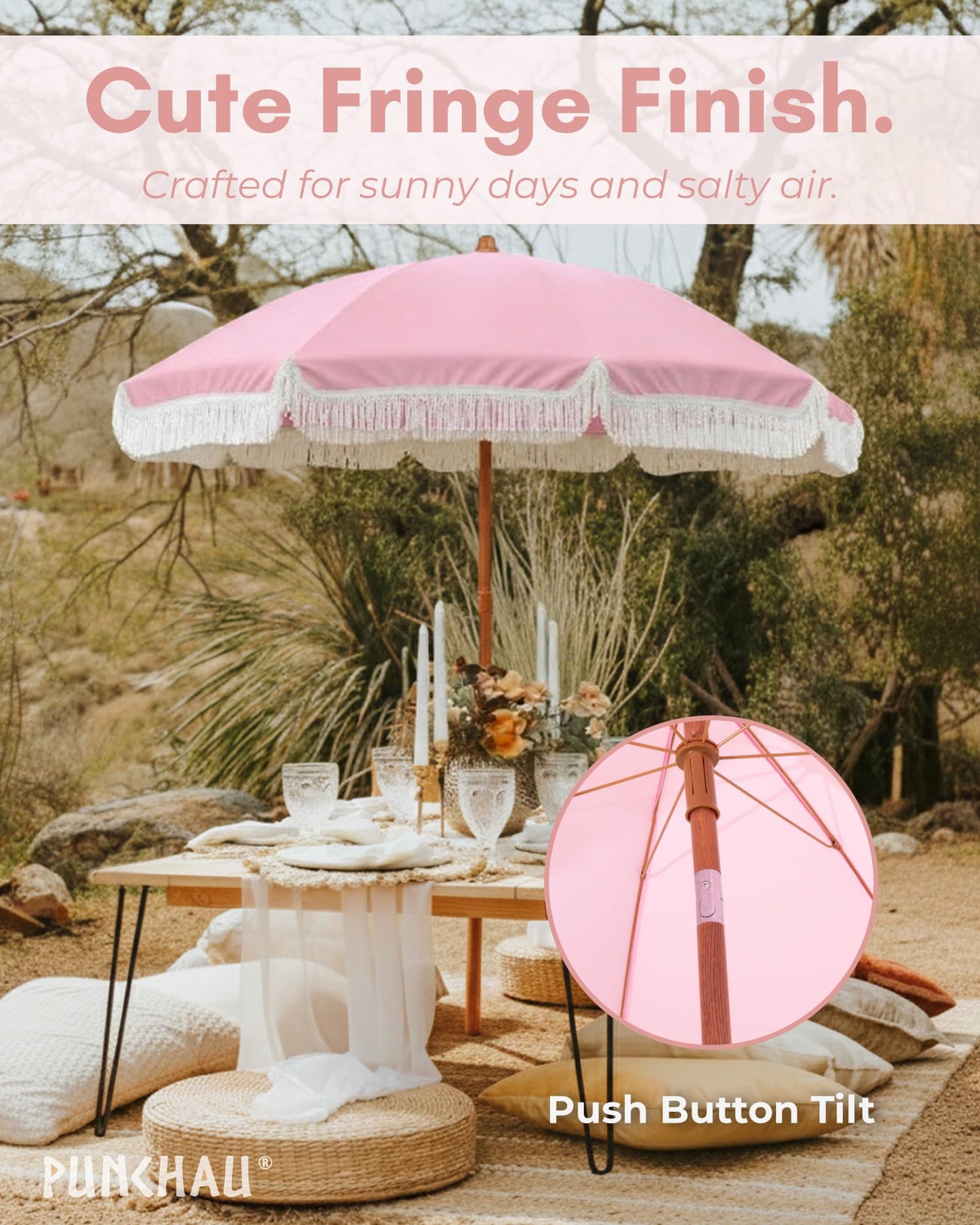 Punchau 6 Ft Fringe Patio Umbrella - Outdoor Umbrella for Patio, Pool, Table, Garden, Deck, and Beach - Push Button Tilt Pole - Fashionable Boho Vintage Tassels and Wood Print - Pink