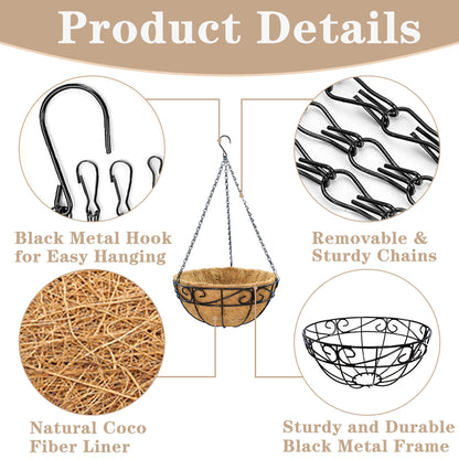 EIMQUVW Outdoor Metal Hanging Planters Basket (2pack, 12 inch) Hanging Baskets for Plants Chain Round Wire Plant Holder with Coco Fiber Liners for Garden, Patio, Deck, Porch(Flower Border)