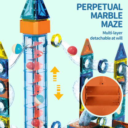 Motorized Marble Run Set, 107 Piece Magnetic Tile Building Toy with Ferris Wheel and Elevator, Music and Lights Marble Maze STEM Game for Kids Ages 4 to 12, Educational Gift