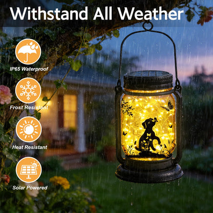 Dog Solar Lanterns, Outdoor Hanging 3in1 Solar Lantern with Stake, Mother's Day Birthday Gifts for Mom Women Grandma Dog Lover, Dog Butterfly Mason Jar Waterproof LED Lights for Yard Lawn Garden Decor