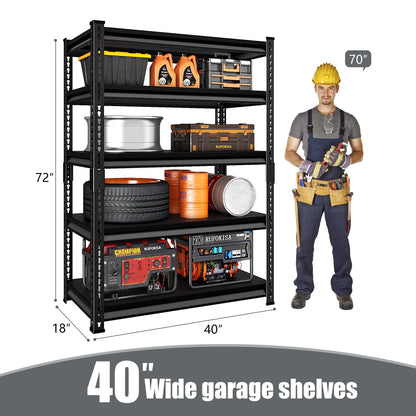 Rufokisa 5-Tier Garage Shelving Heavy Duty, 72" Metal Shelving Unit - 2250 lbs Load Capacity, 40"W x 18"D x 72"H (Black)