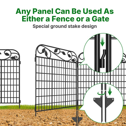 AMAGABELI 4 Panels 44 in(H )X 12 ft(L) Decorative Garden Fence Gate,Dog Fence Outdoor for Yard,Rustproof Tall Garden Fencing Animal Barrier Metal Wire Panel Border with Leaves for Flower Bed Black