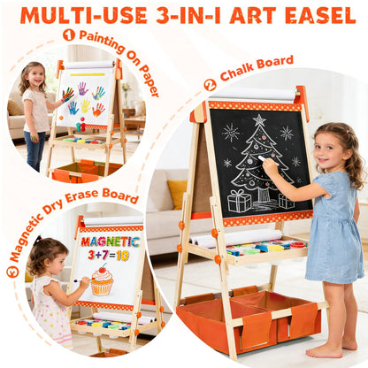 Art Easel for Kids, Kids Art Easel with 3 Paper Roll,Adjustable Standing Wooden Toddler Easel for Painting Double Sided, Magnetic Whiteboard and Chalkboard,3in1 Painting Easel for 2-4 4-8 Orange