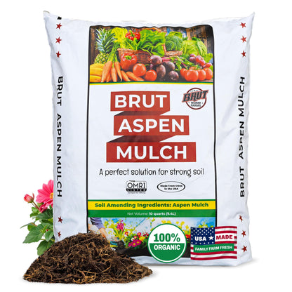 Brut Organic Aspen Mulch 10 QT – Natural Moisture Retainer & Root Protector – Odor-Free, Nutrient-Rich Bark Mulch for Landscaping, Garden Beds & Potted Plants