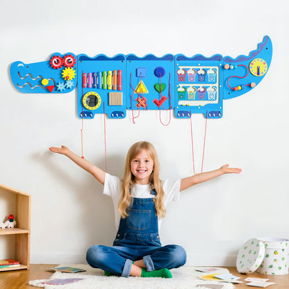 Spacocld Crocodile Sensory Toys Activity Wall Panels - Montessori Busy Board, Toddler Learning Panel, Wall-Mounted Playroom/Daycare Educational Toys, Interactive Wooden Gift for Kids 3-6, Blue