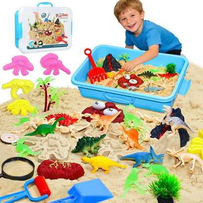 Pakimio Dinosaur Sensory Bin with Lid, 2.64lbs Magic Sand, Dino Figures, Skeletons & Archaeology Tools, Sensory Sand Kit Dinosaur Toys for Kids 3 4 5 6 7+ Year Old Boy Toddler Birthday Gift Christmas