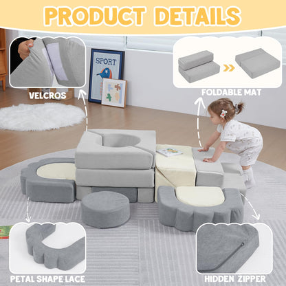 13 Pieces Foam Climbing Blocks for Toddlers 1-3|Kids Floral Soft Play Climbing for Indoor,Infant Modular Crawing Toys with Washable Cover for Playroom,Bedroom,Nursery and Preschool,Gray & Beige