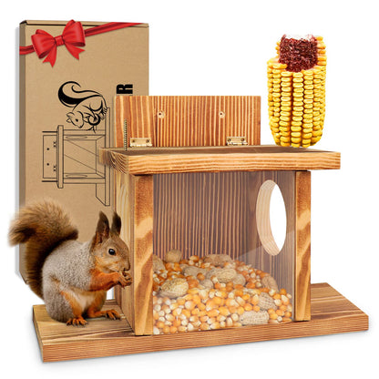 Carbonized Wood Squirrel Feeder, Squirrel Feeders for Outside Winter, Durable Squrrill House Box Easy to Fill with Removable Front Panel, Wooden Chipmunk Feeder for Corn, Peanuts