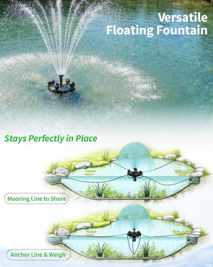 POPOSOAP Floating Fountain with LED Lights, Pond Fountain and Aerator Complete Kit with 1200GPH Water Pump 30FT Power Cord, 3 Spray Styles for Ponds, Pool, Lakes & Water Gardens P145
