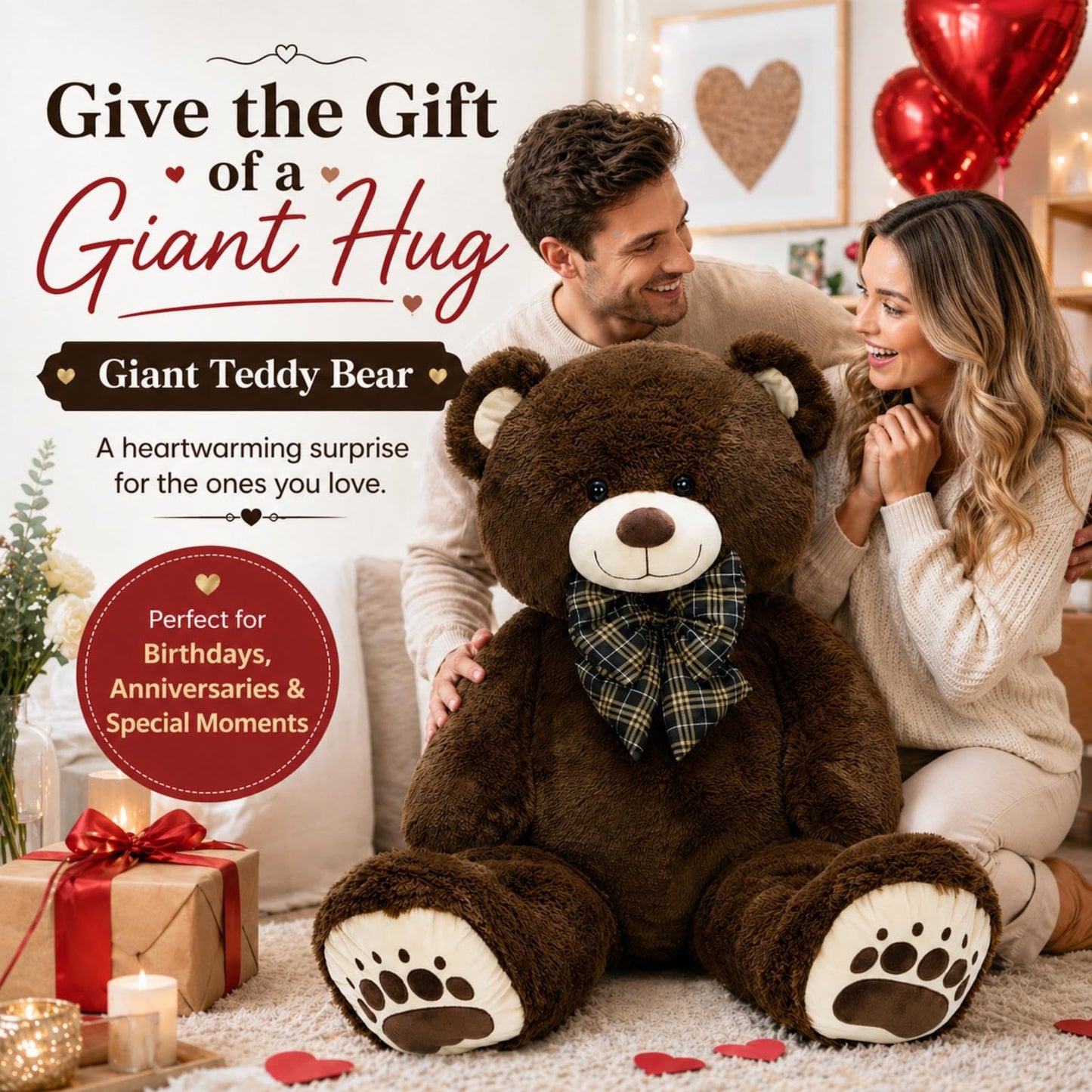 Karister Giant Teddy Bear 4 Feet, Lifesize Chocolate Brown Soft Plush Stuffed Animal with Bow Tie & Big Belly for Kids Girls Boys, Hugging Bear Birthday Gift for Girlfriend Valentines Christmas