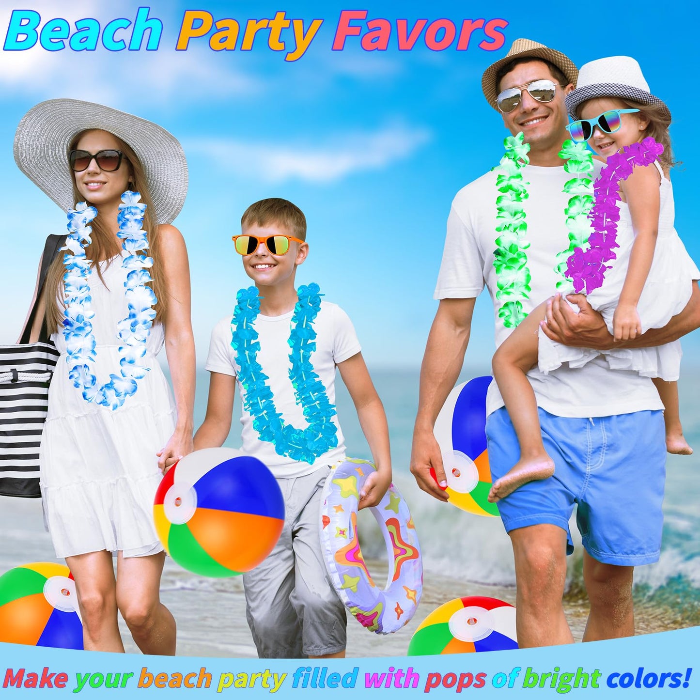 Oleitodh 126 Pcs Kids Summer Beach Party Favor Bulk-Includes 18 Inflatable Beach Balls, 36 Sand Bucket&Shovel Set, 18 Neon Sunglass, 18 Water Guns,18 Water Balls,18 Hawaiian Leis for Luau Party Decor
