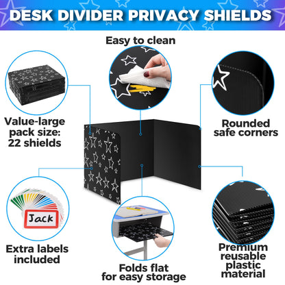 22-Pack Desk Dividers for Students - Star, Durable & Waterproof Plastic Study Carrel Divider, Classroom Folders Teacher Supplies, Easy-to-Clean Plastic Privacy Shield Folder Boards for Student Desks