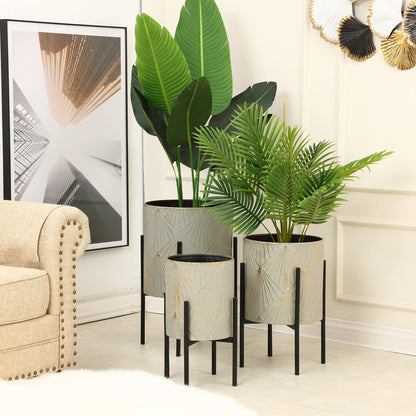 LuxenHome Planters for Indoor Plants, Set of 3 Floor Plants Pots with Stands, Modern Decorative Metal Flower Pots, Green Gray Cachepot Planters,10.5", 12", 14" Inch