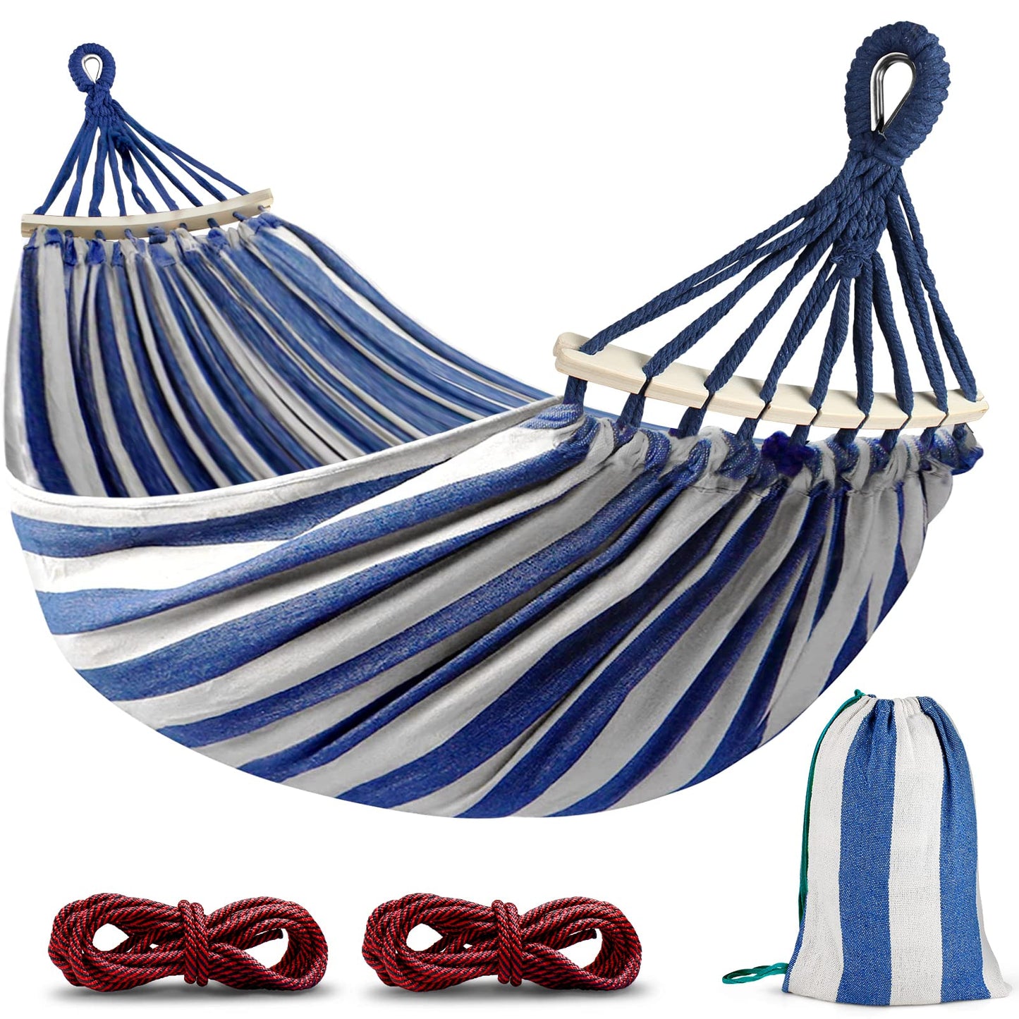 MOSFiATA Hammocks Portable Camping Hammock Upgraded 550lb Comfortable Fabric Hammock with Two Anti Roll Balance Beam and Sturdy Metal Knot Tree Straps for Camping, Patio, Backyard, Outdoor(Blue White)