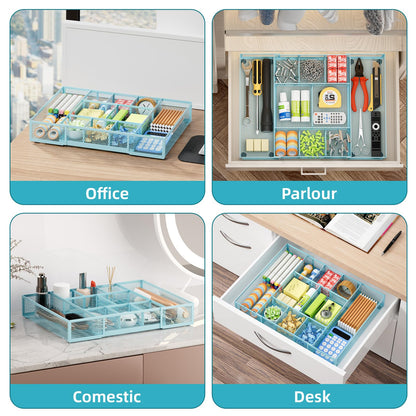 Marbrasse Expandable Desk Drawer Organizer, Mesh Drawer Organizer Tray with 10 Adjustable Compartments, Desk Organizers and Accessories for Office Supplies, Makeup & Vanity (Expandable-Blue)