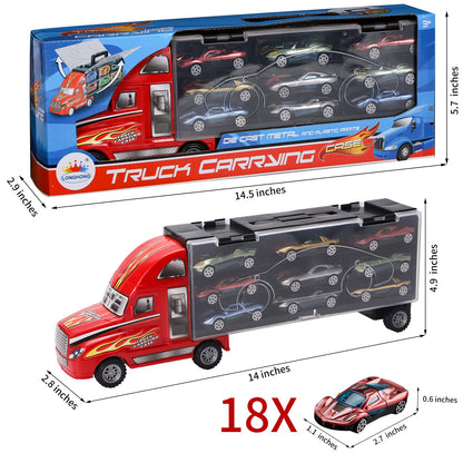 BoomCaCa Toy Truck Transport Car Carrier - 18 Sport Cars in Truck Toys, Toys for Boys and Girls Age 3-10 yrs Old, Ideal Party Christmas Birthday Gift for Kids