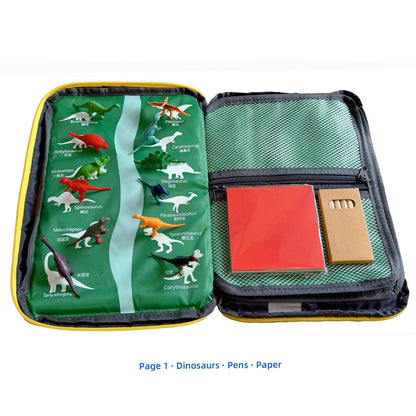 Portable kids toys storage bag with alloy toy cars, simulated dinosaurs, building blocks, base plates and a city road map. Educational travel toy set, suitable as a birthday gift for children aged 3-6