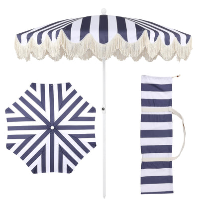 JONATHAN Y UMB1003N Mariner 6.5 ft. Cottage Fringe Tassel Market Beach Umbrella with Push Button Tilt, Wind Vent and UV Protection, and Matching Carry Bag in Navy and White Stripe/Cream, White Pole