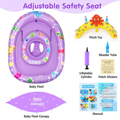 EZIGO Baby Pool Float with Canopy UPF 50+ Sun Protection, Double Air Chambers Infants Swimming Floats with Sound Toys Adjustable Safety Seat Toddler Float for Boys and Girls 6-36 Months (Purple)