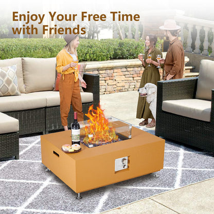 Outdoor Fire Pit Table 36 Inch, Outdoor Fire Pit Patio Fireplace Heater with Thermostat, Iron Yellow Leather-Color Fire Pit with Glass Wind Shield, Crystal Stones, Covers & Handles