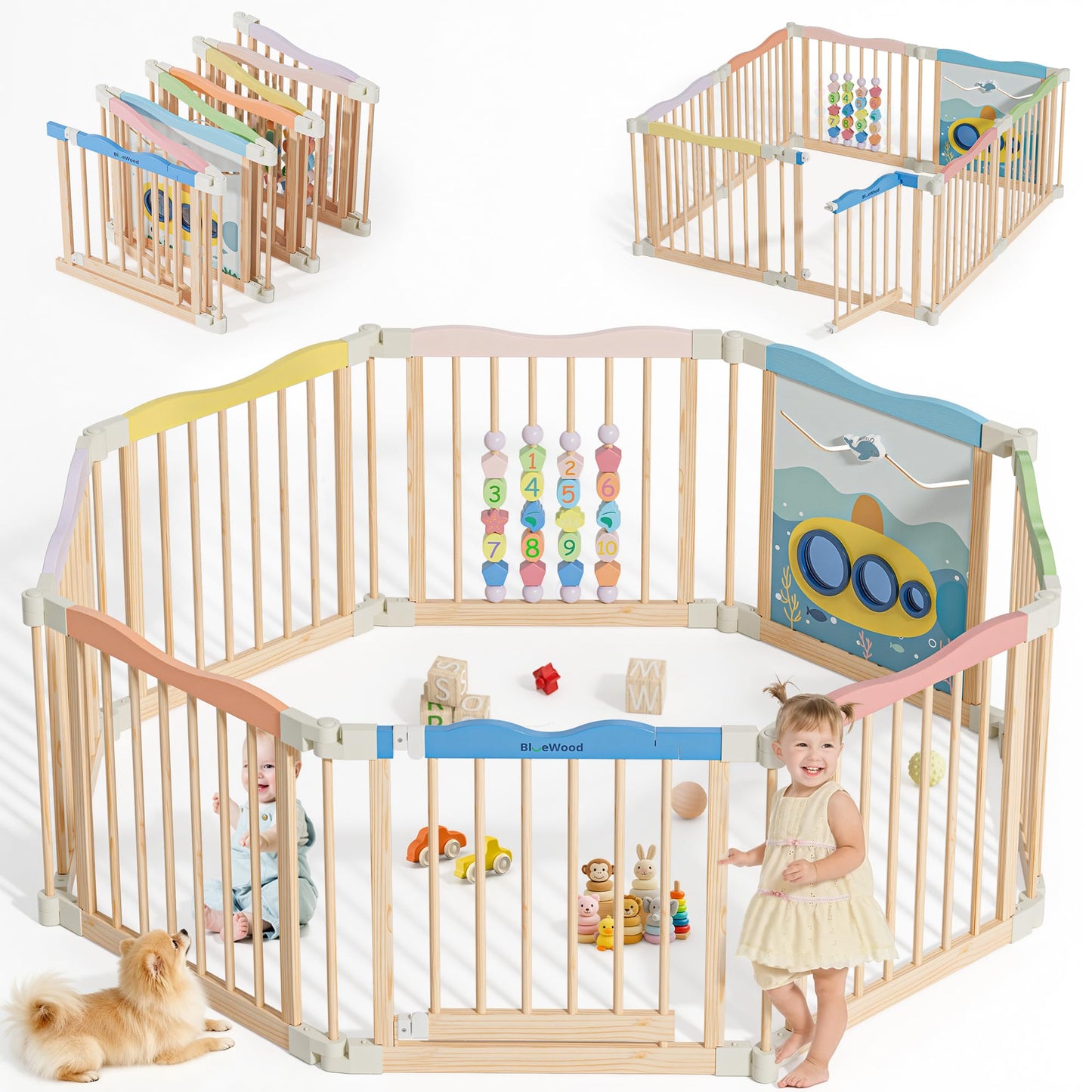Foldable Wooden Playpen - Adjustable Wood Baby Play Yard with Child-Proof Lock, Indoor Large Safety Fence for Babies and Toddlers - Easy Assembly, 55 x 55 x 24 inches, Ocean Adventure, Colorful