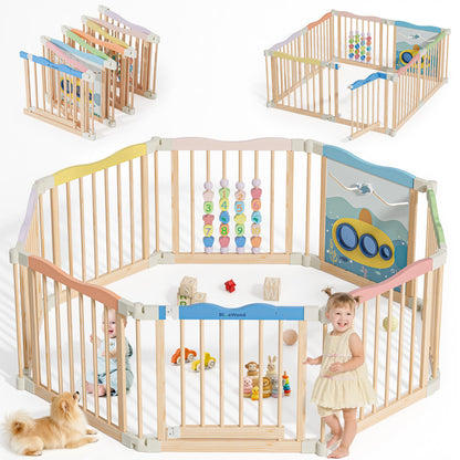 Foldable Wooden Playpen - Adjustable Wood Baby Play Yard with Child-Proof Lock, Indoor Large Safety Fence for Babies and Toddlers - Easy Assembly, 55 x 55 x 24 inches, Ocean Adventure, Colorful