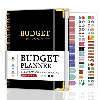Budget Planner - Monthly Budget Book B5, Undated 12 Month Expense Tracker Notebook with Metal Corner Protectors & Bill Organizer, Hard Cover Financial Account Book for Women Men Home Business, Black