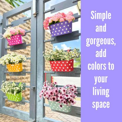 LaLaGreen Outdoor Hanging Planter (11.2 Inch, 6 Pack) Light Blue, Neon Pink, Dark Purple, Yellow, Red Metal Iron Window Box Polka Dot Herb Flower Pot Deck Railings Fence Wall Mount Porch Garden Decor