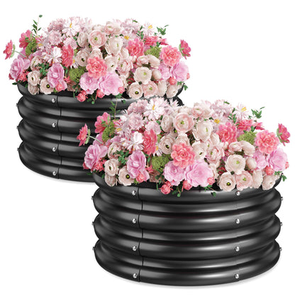 SOCONT 2 x 2 x 1 ft Round Raised Garden Bed, Black 2 Pack 0.6 mm Thick Galvanized Steel Planter Box with Double Layer Paint and Safety Edge Trim for Vegetables Flowers Herbs Outdoor Garden