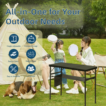 LOFTEY Folding Camping Table with 3 Adjustable Height, 3ft Foldable Aluminum Camp Table, Lightweight with Storage Bag, Portable for Outdoor, BBQ, Hiking, 34.2" x 15.7" x 27.5", Black