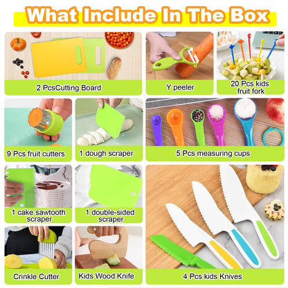 46 PCS Kids Knife Set, Toddler Knifes for Real Cooking, Montessori Kitchen Toys with Cutting Board Crinkle Cutters Kid Safe Knives, Birthday Xmas Gift for Girls Boys