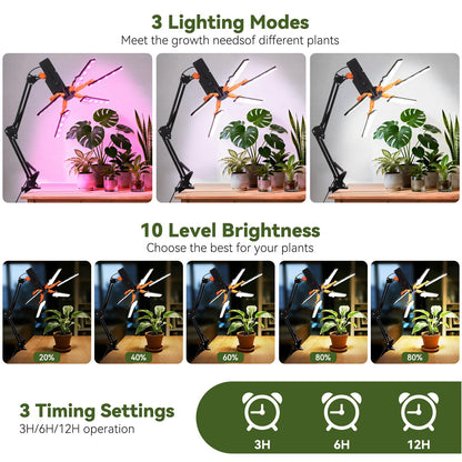 KwatTsz Grow Lights for Indoor Plants, Full Spectrum LED Plant Growing Lamps, 5 Head LED Clip Plant Lights for Seed Growing, Fruiting, 3H/6H/12H Timer, 3 Spectral Modes, 10 Dimmable Levels