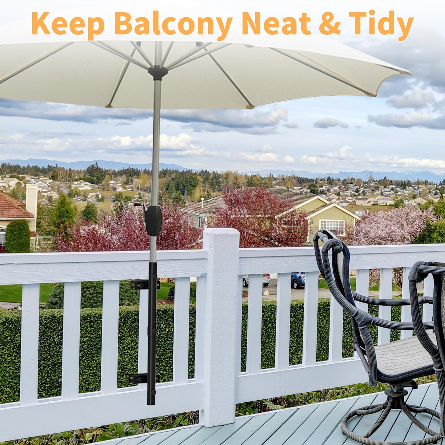 Heavy-Duty Patio Umbrella Holder for Deck Railing - Stainless Steel Windproof Outdoor Patio Umbrella Base and Mount Brackets Attachable to Railing, Fits Pole ≤1.6'' & Post <3.3" - Space Saving, Black