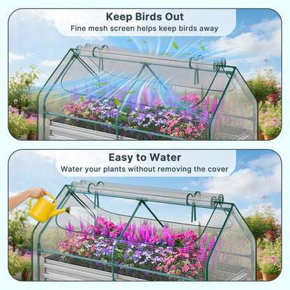 Miory Raised Garden Bed with PE Cover, 6x3x1 FT Galvanized Planter Box Outdoor with Greenhouse Cover, 2 Large Zippered Screen Windows for Vegetables, Flowers, Includes Labels & Gloves