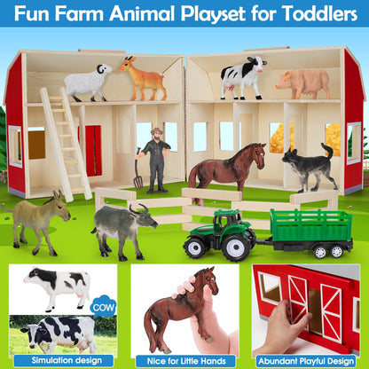 YEEBAY Farm Animals Toys for 3+ Year Old Kids Toddlers Girls Boys, Large Wooden Barn with Animal Play Figures, Farm Playset Educational Learning Toys, Ideal Christmas Birthday Gifts