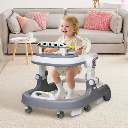 Baby Walker with Wheels, 4 in 1 Foldable Baby Walkers for Boys Girls 6-18 Months, 3 Level Height Adjustment with Bouncing, Feeding Tray & Music, Baby Walker with Activity Center, Toddler Push Walker