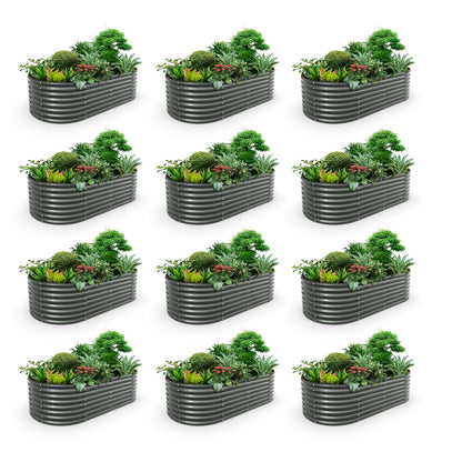 A ANLEOLIFE 12-Set 8X4X2 ft Galvanized Raised Garden Bed Kit, Oval Metal Deep Root Planters for Outdoor Plants, Quartz Grey