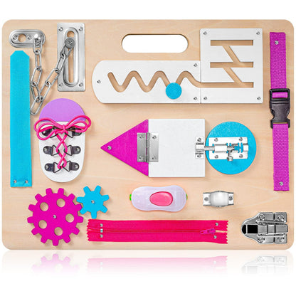 Montessori Busy Board for Toddlers, Wooden Sensory Toys, Kids 1-3 Travel Toy, Preschool Learning Activities for Fine Motor Skills, Basic Life Skills Educational Gifts for 1 2 3 Years Old Girls (Pink)