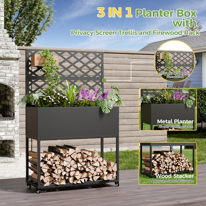 Diyfire Metal Planter Box with Trellis, 55"x35"x16"Metal Raised Garden Bed with Drainage Holes, Raised Garden Beds Outdoor, Privacy Planters Trellis for Climbing Plants, Patio,Garden, Wheels, Black
